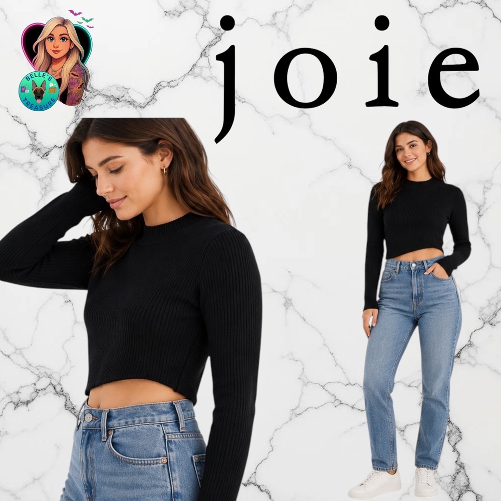 Joie Womens XL Black Ribbed Mock Neck Cropped Sweater Crossover Hem NEW